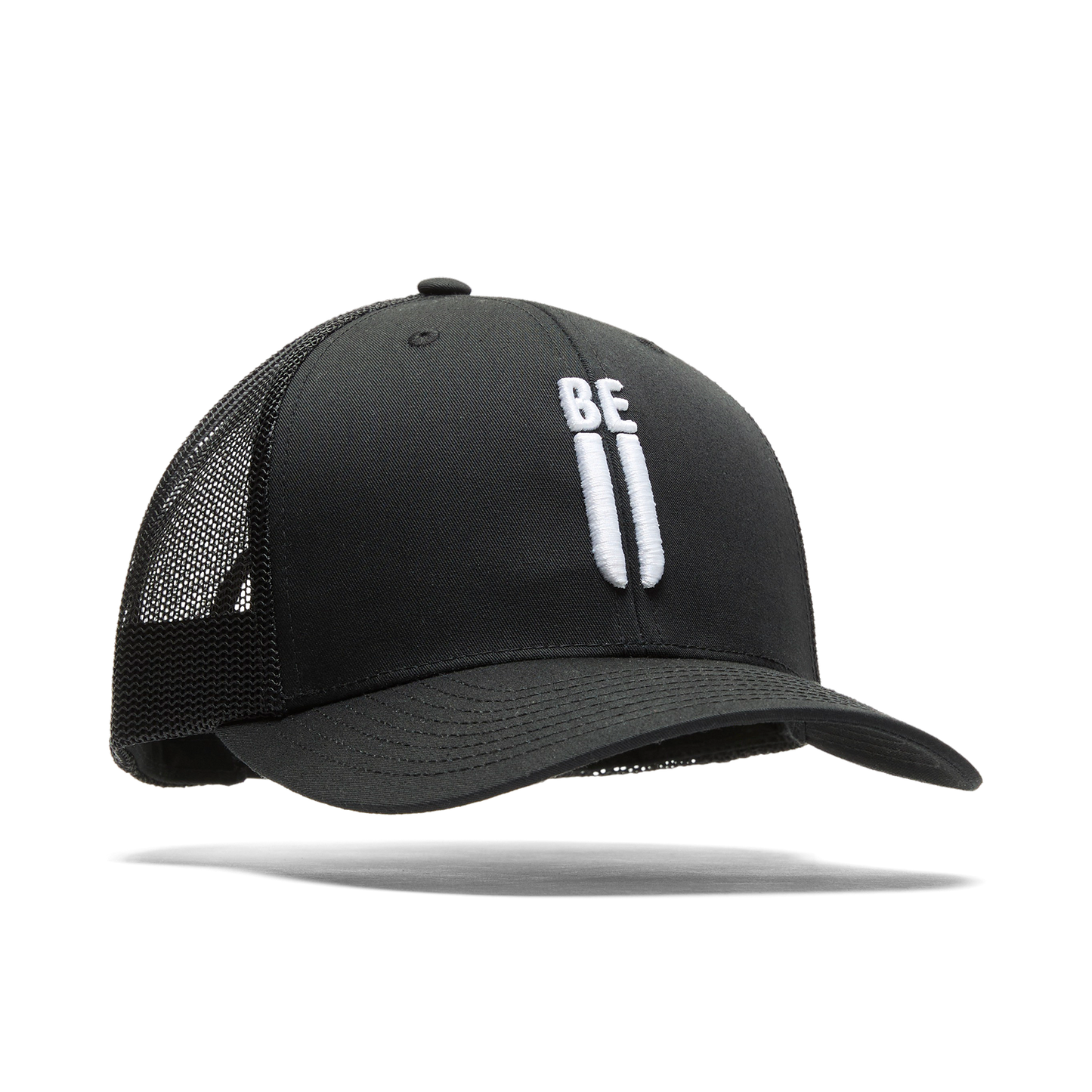 Black Be U Trucker Hat Front Silhouette Angle.