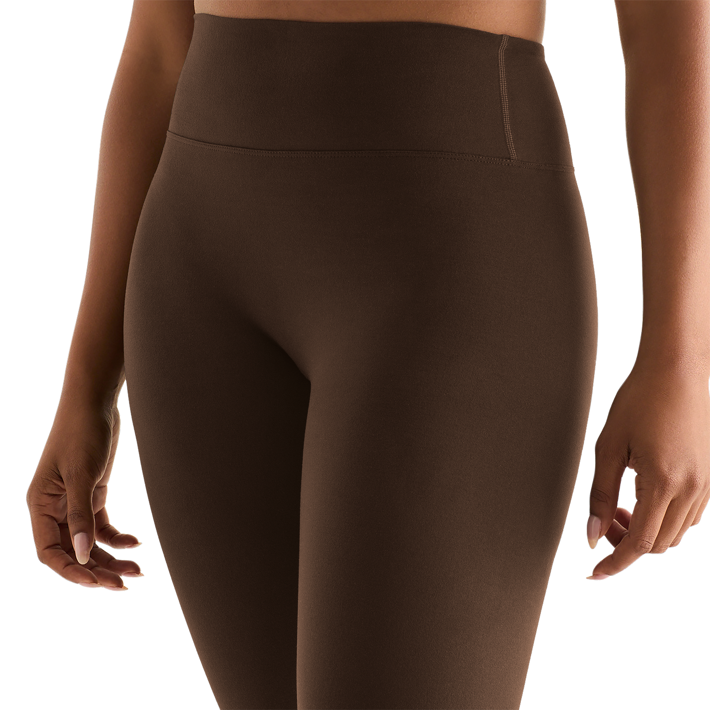 Chocolate Women's High-Rise Matte Tight 25" Front Detail Angle.
