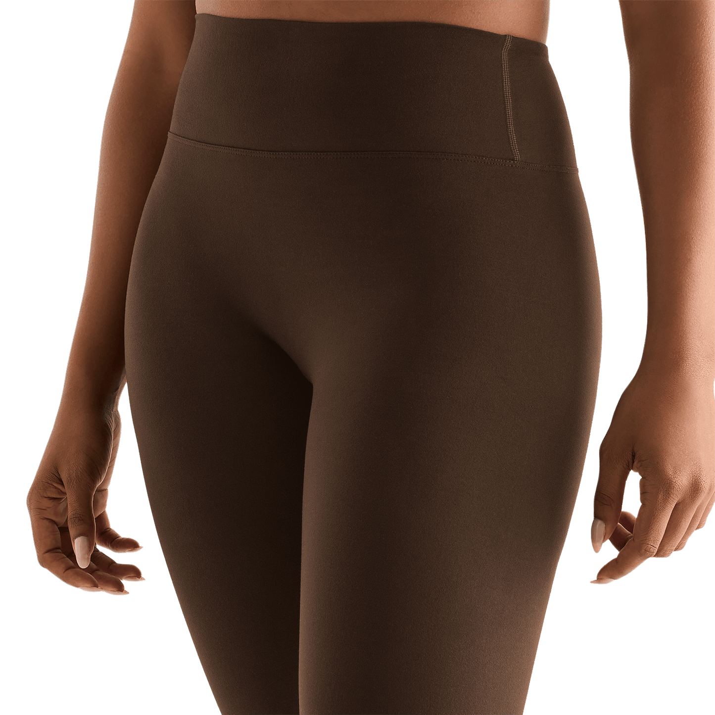 Chocolate Women's High-Rise Matte Tight 25" Front Detail Angle.