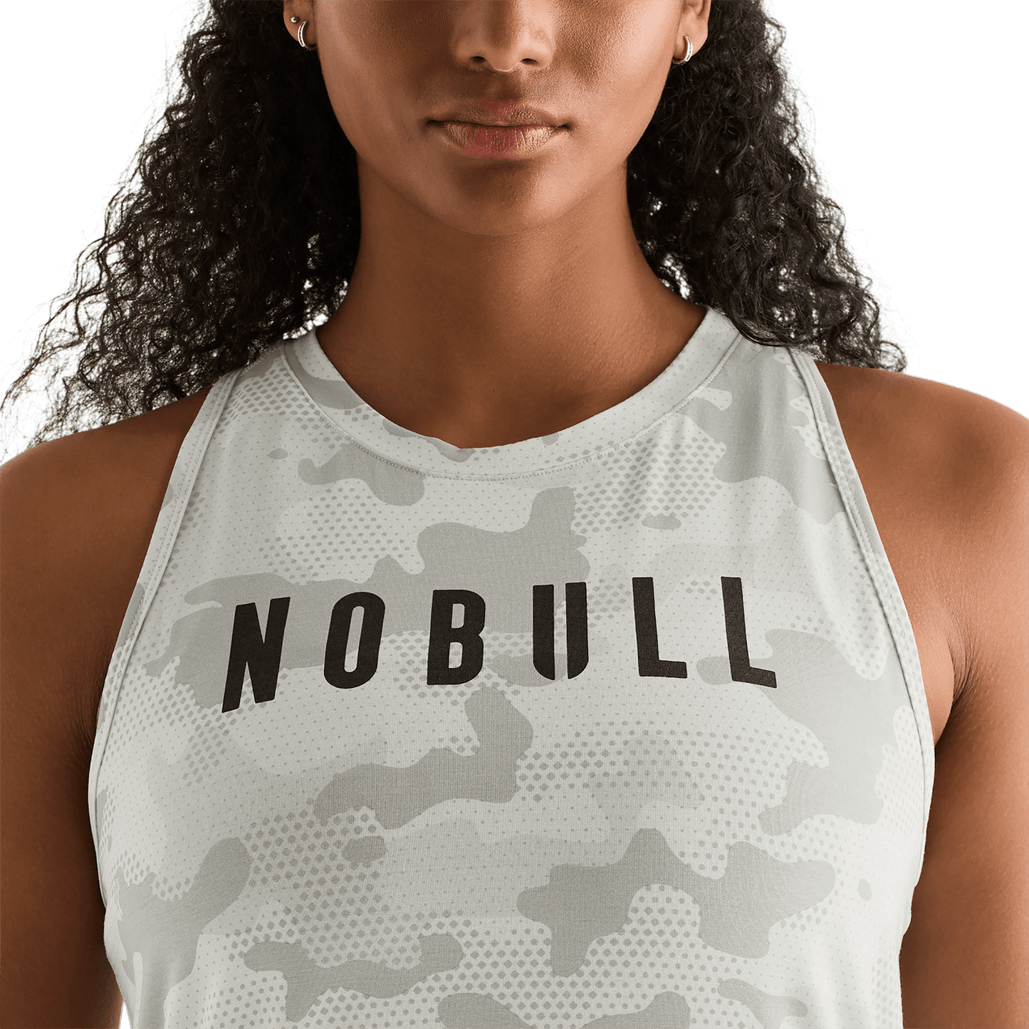 Light Grey Camo Women's High-Neck Tank Front Detail Angle.