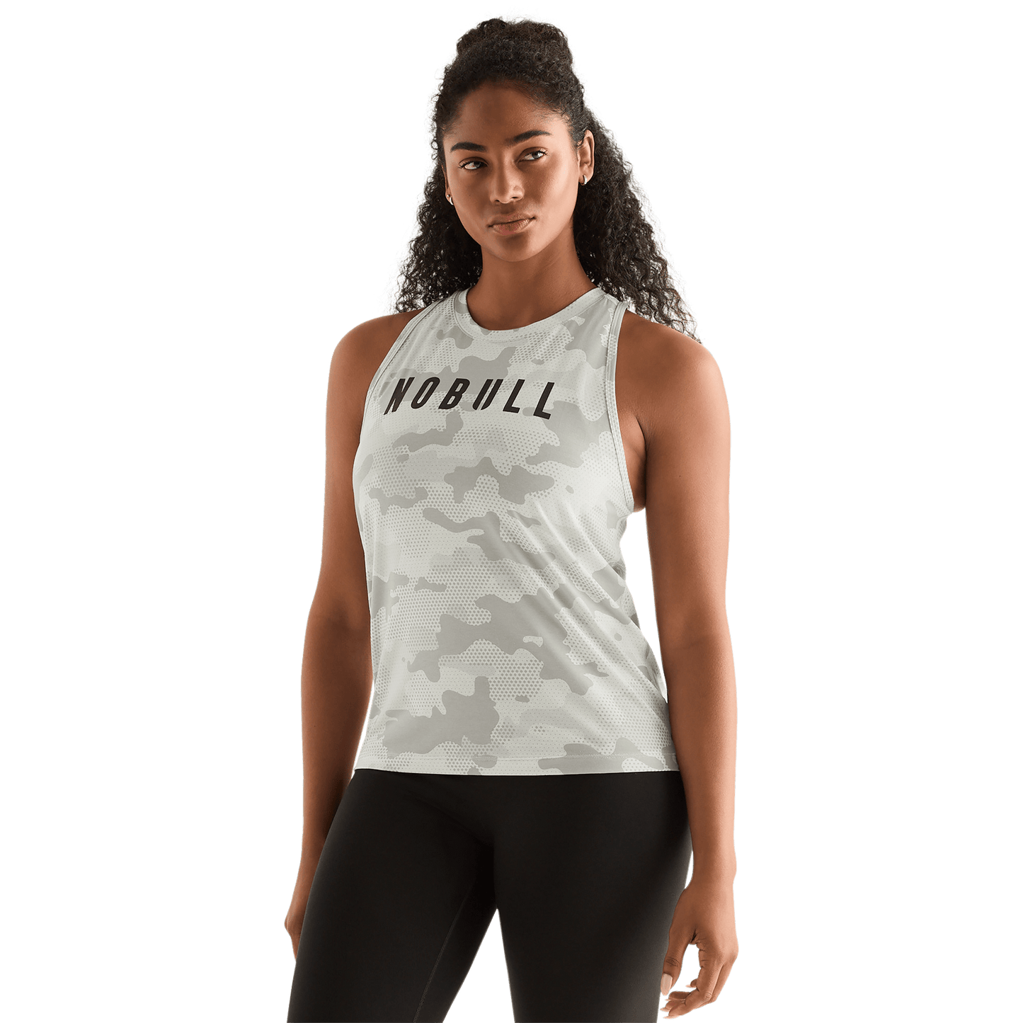 Light Grey Camo Women's High-Neck Tank Front Angle.