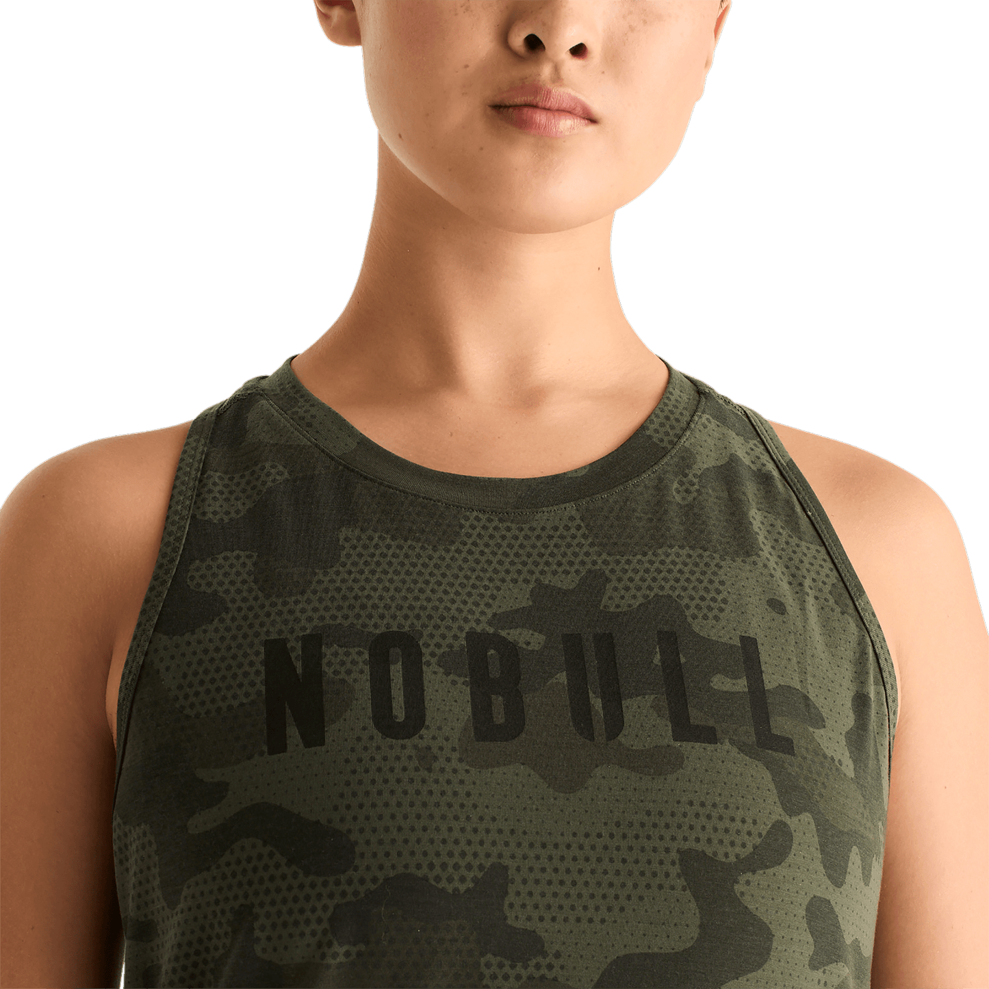 Dark Army Camo Women's High-Neck Tank Front Detail Angle.