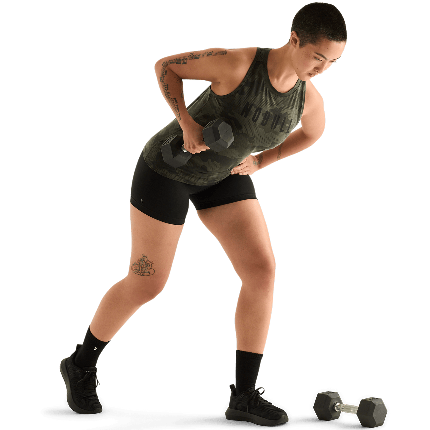 Dark Army Camo Women's High-Neck Tank Action Shot Angle.
