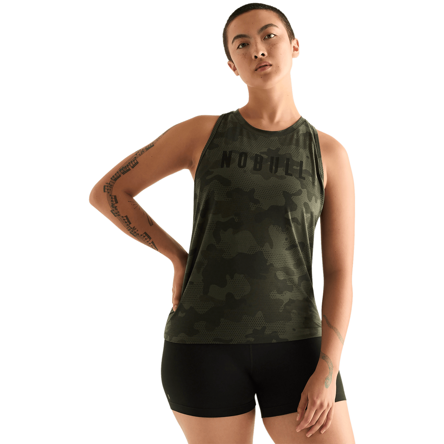 Dark Army Camo Women's High-Neck Tank Front Angle.