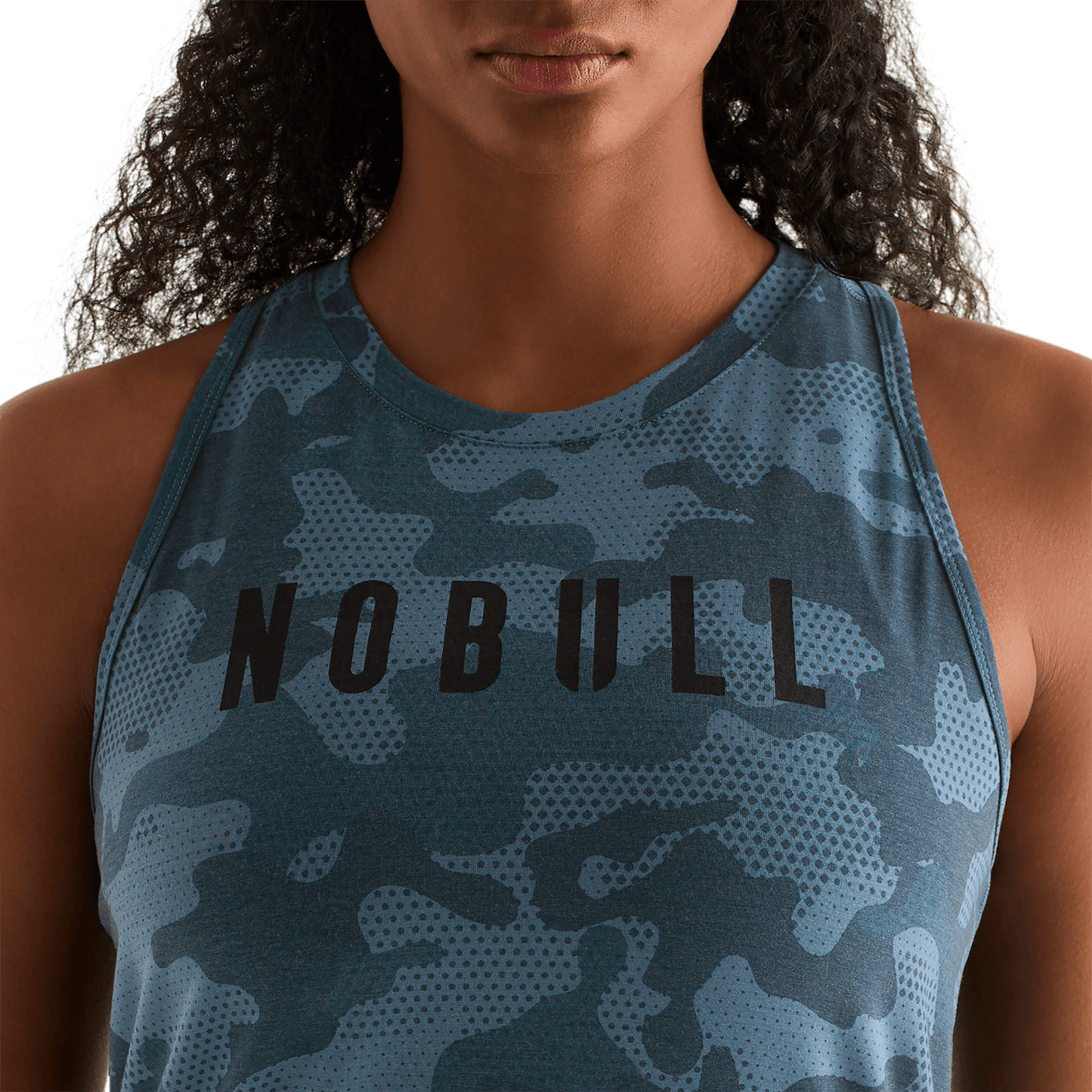 Coastal Blue Camo Women's High-Neck Tank Front Detail Angle.