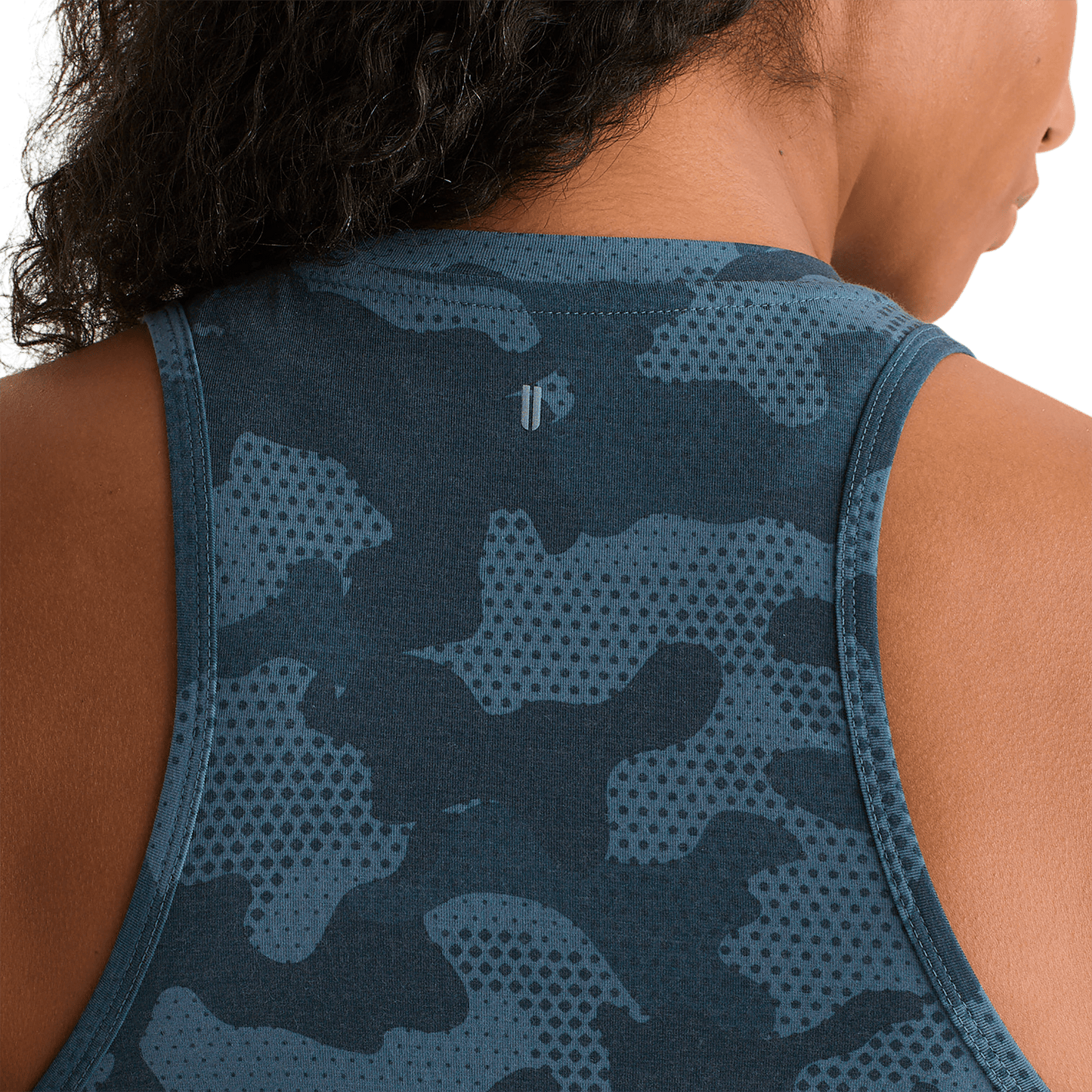 Coastal Blue Camo Women's High-Neck Tank Back Detail Angle.