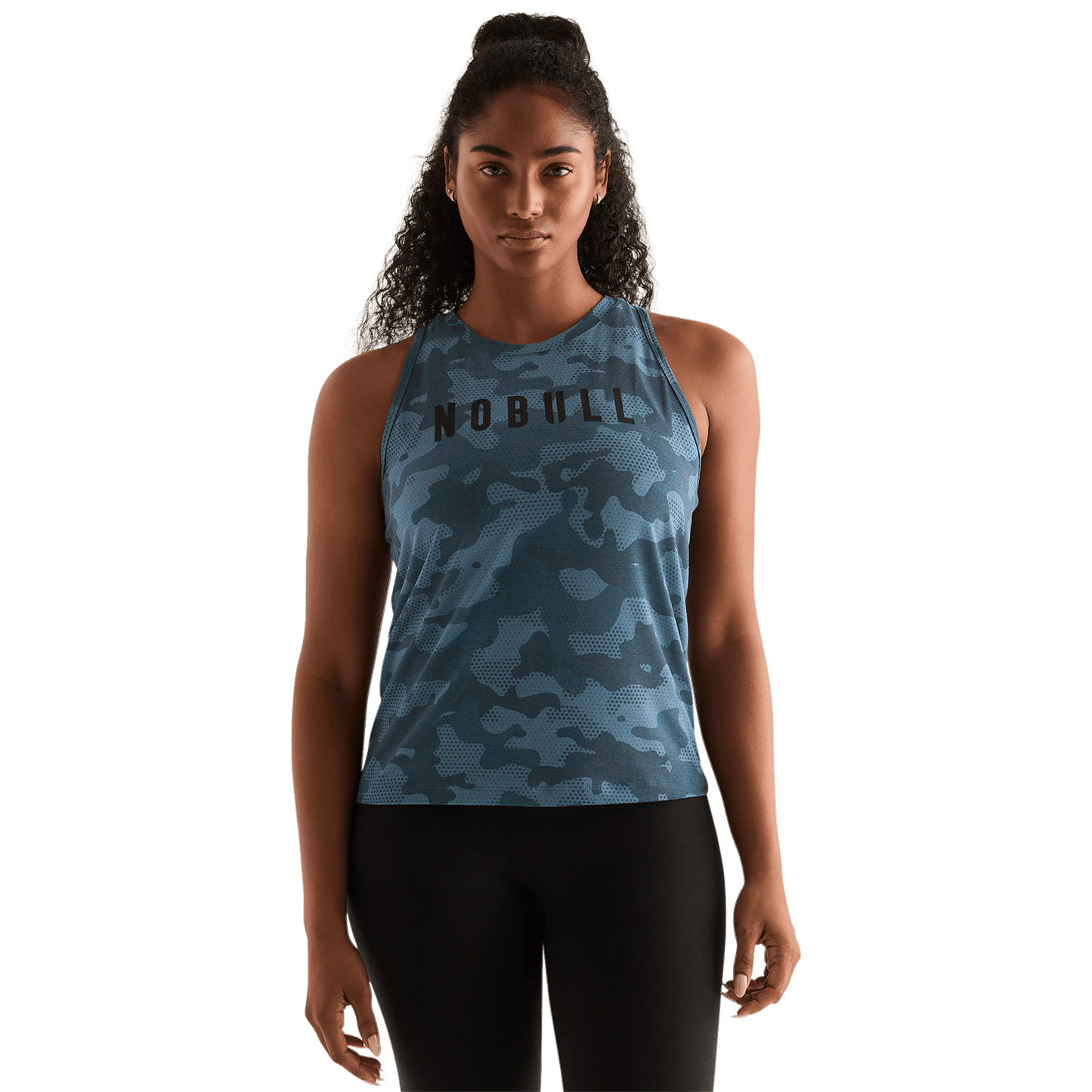 Coastal Blue Camo Women's High-Neck Tank Front Angle.