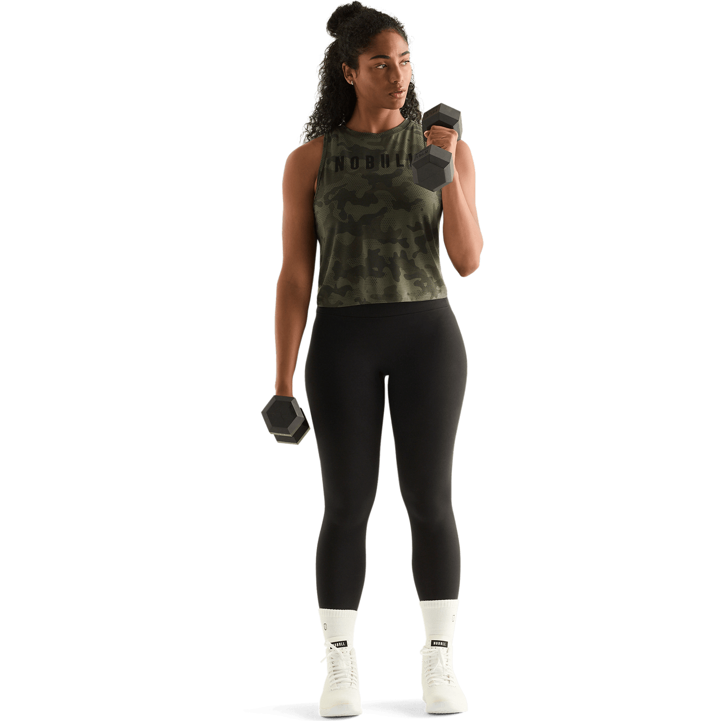 Dark Army Camo Women's Muscle Tank Action Shot Angle.