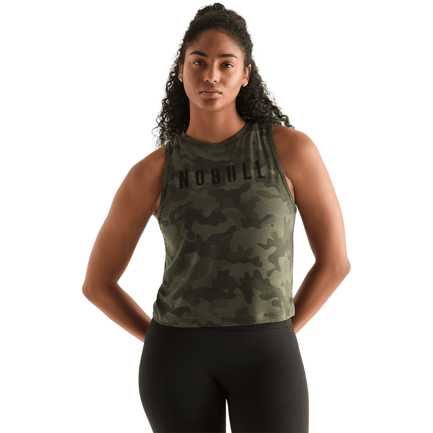 Dark Army Camo Women's Muscle Tank Front Angle.
