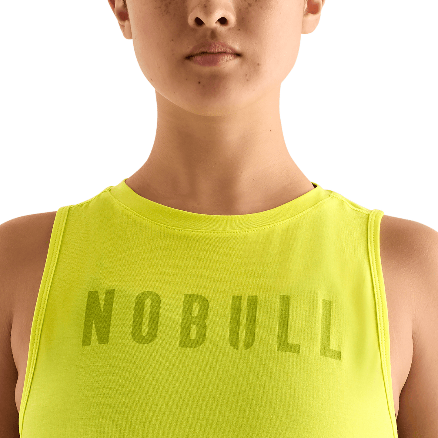 Neon Yellow Women's Muscle Tank Front Detail Angle.