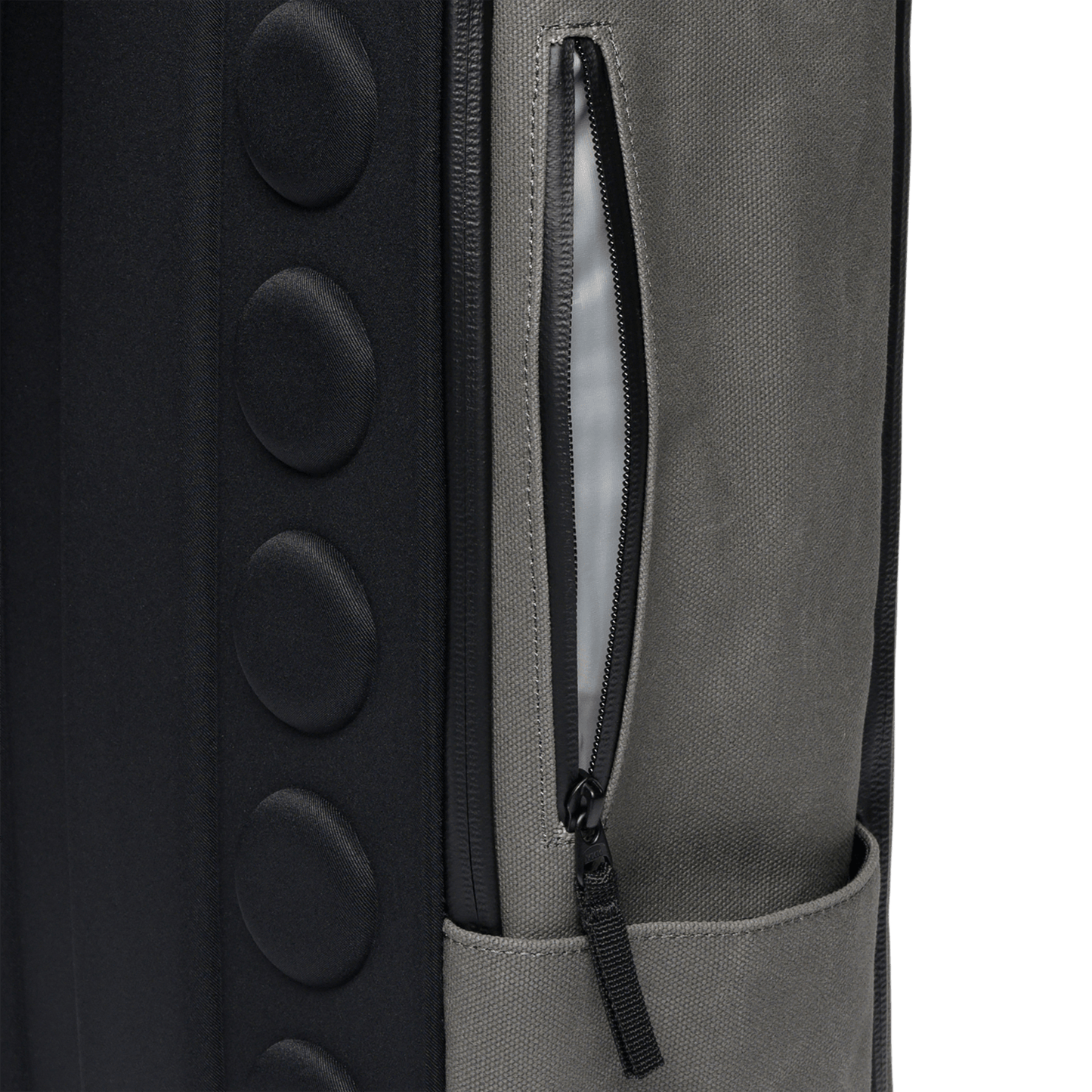 Waxed Grey Canvas Backpack Side Zipper Pocket Angle