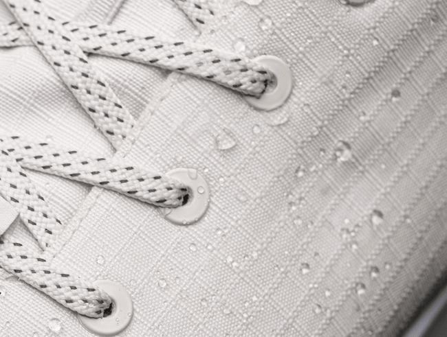 Close up detail of Ripstop upper with water droplets running off