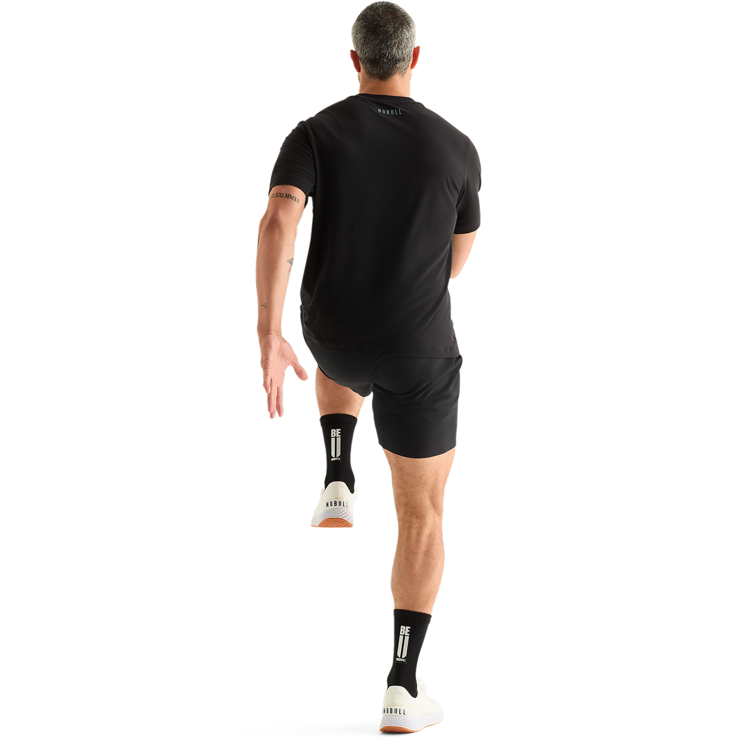 Men's Full Body Black Be U Crew Sock Back Angle.