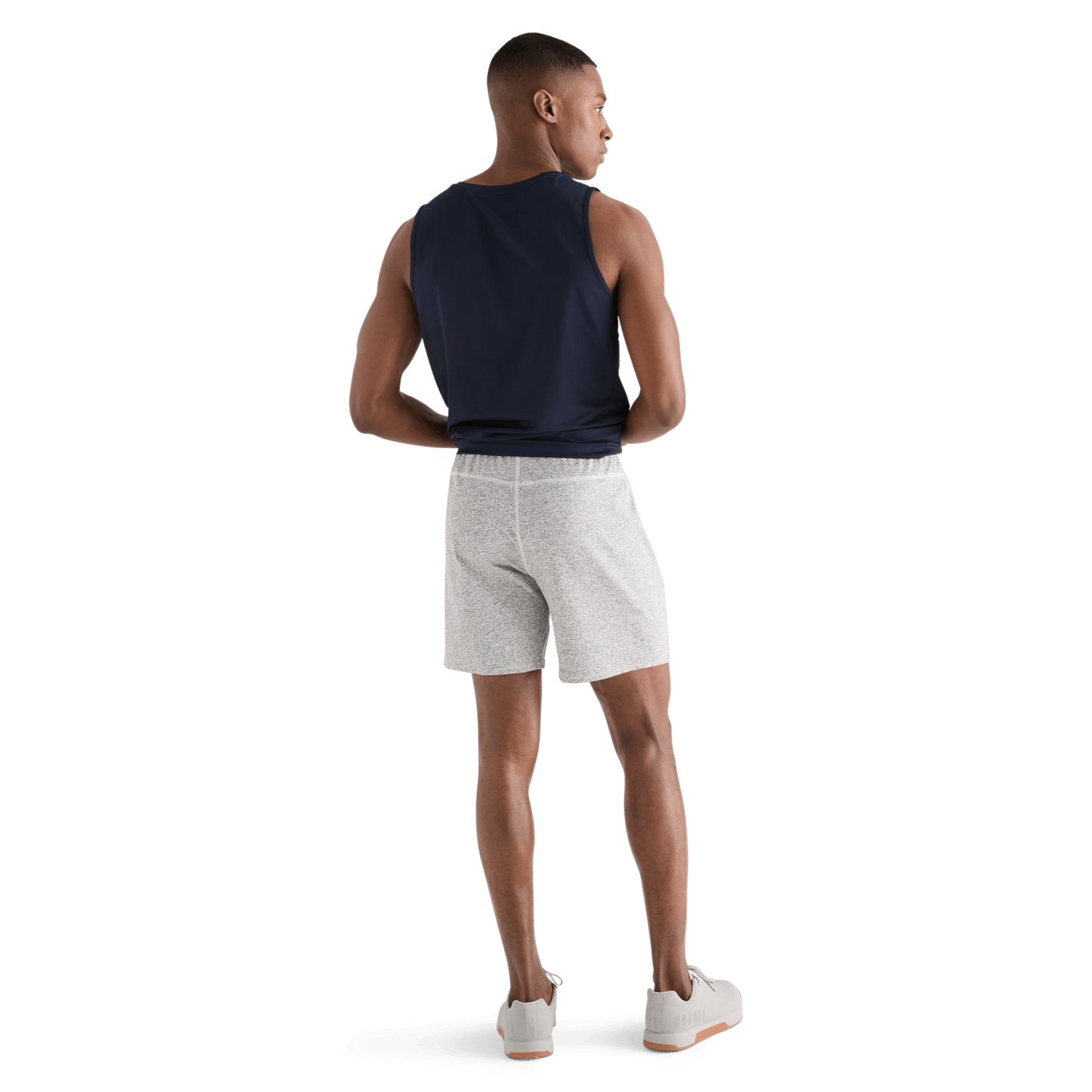 Men's White Heather Lightweight Knit Short 7" Back Full Body Angle