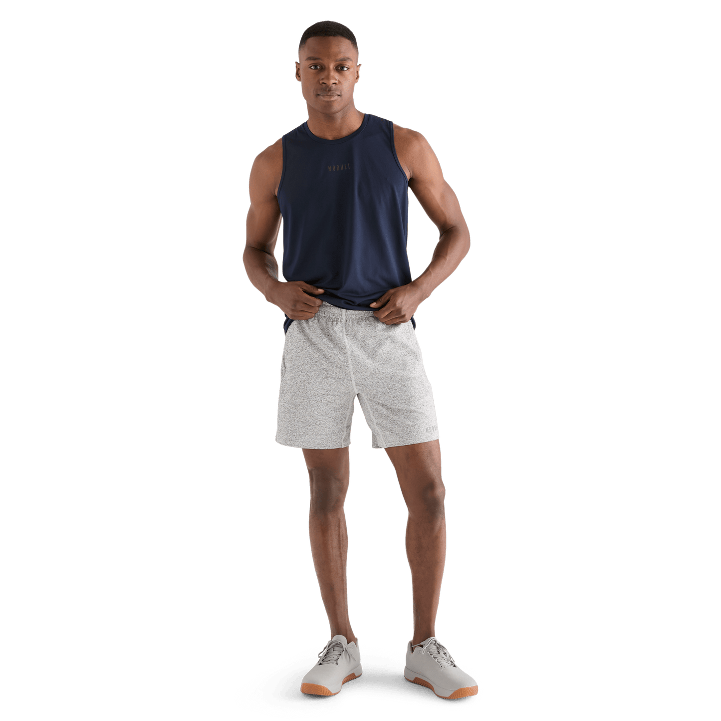 Men's White Heather Lightweight Knit Short 7" Front Full Body Angle