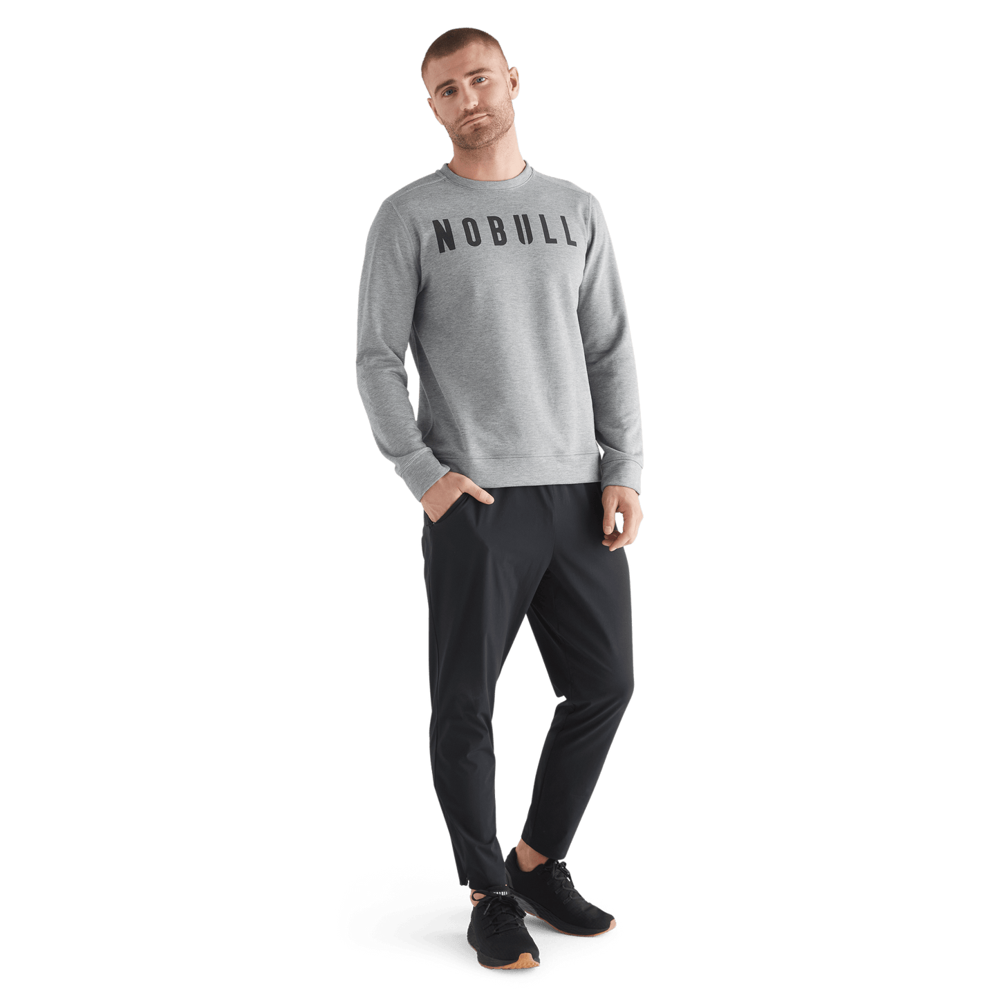Men's Heather Grey NOBULL Crew Sweatshirt Front Full Body Angle
