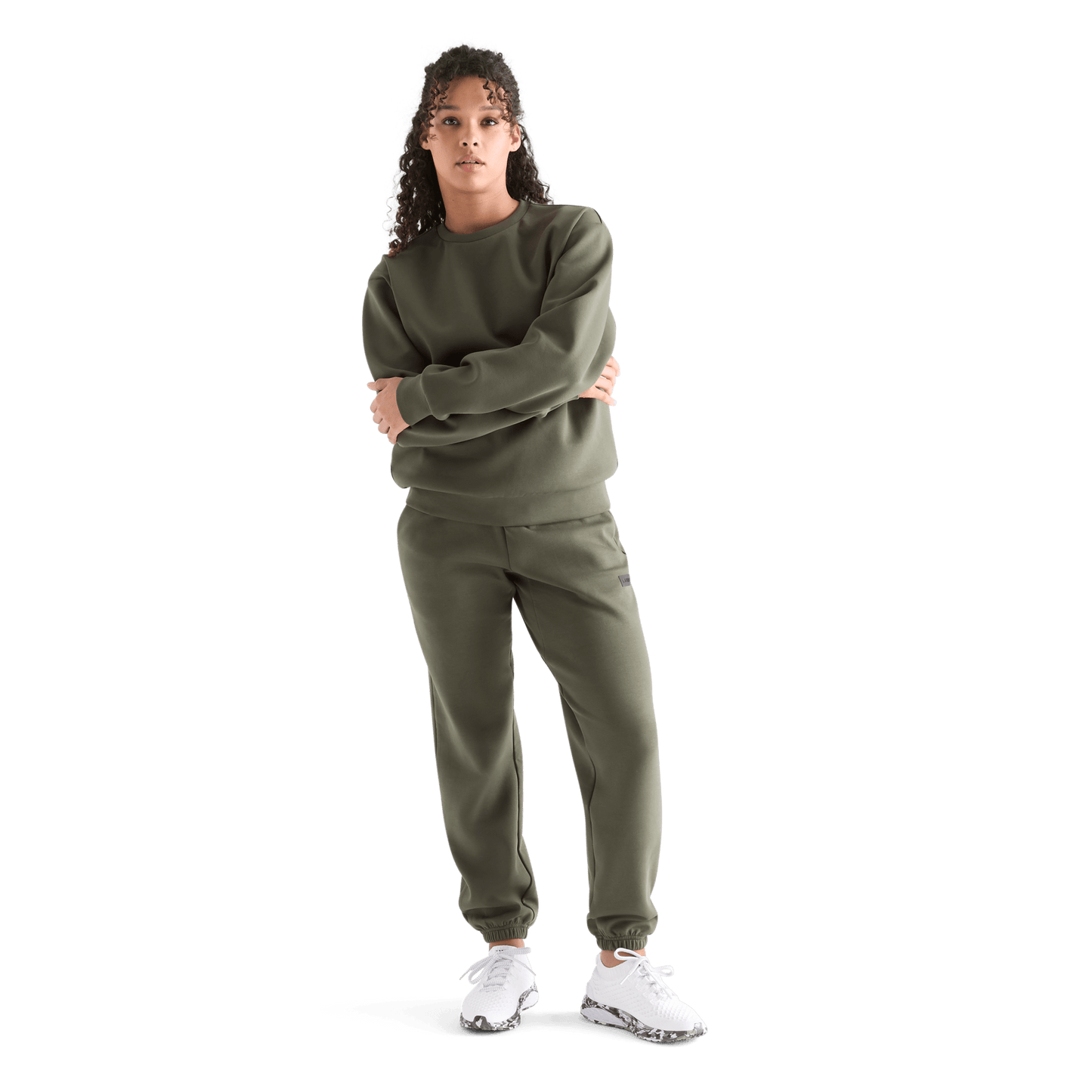 Women's Dark Army Allday Elements Crew Front Full Body Angle