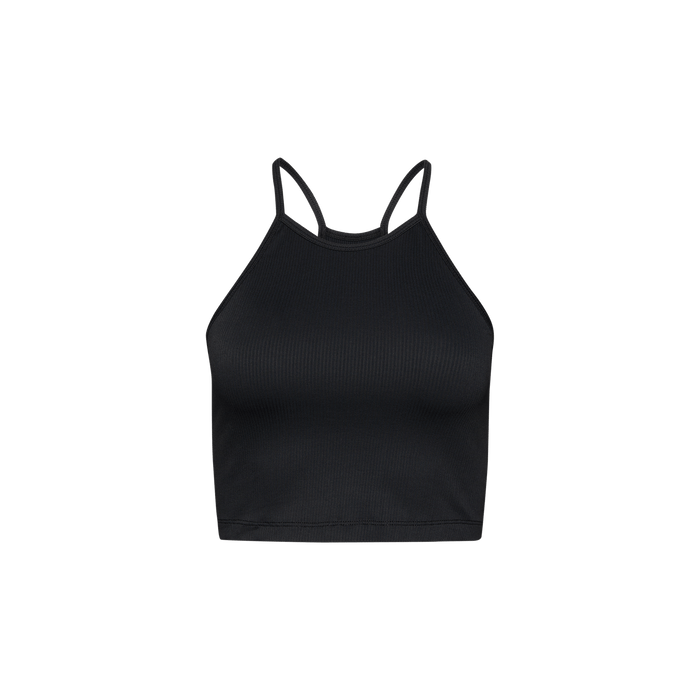 Women's Black Ribed Halter Crop Tank Silhouette Angle