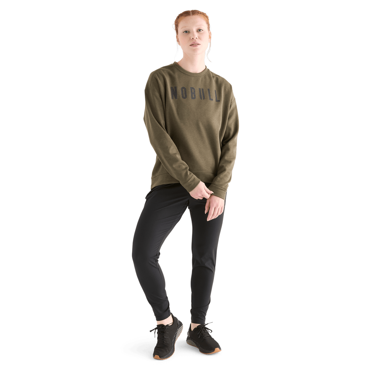 Women's Army Green NOBULL Crew Sweatshirt Front Full Body Angle
