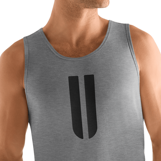 Men's Heather Grey U Tank Detail Angle.