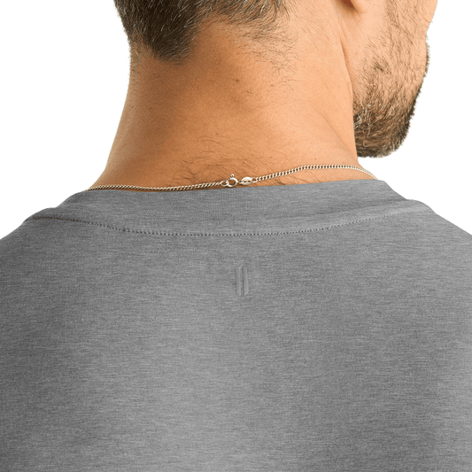 Men's Heather Grey U Tee Back Detail Angle.