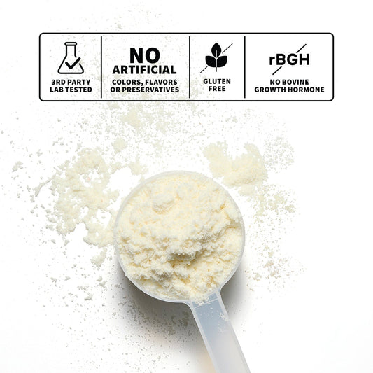 Spoonful of vanilla whey protein with infographic on nutrition facts