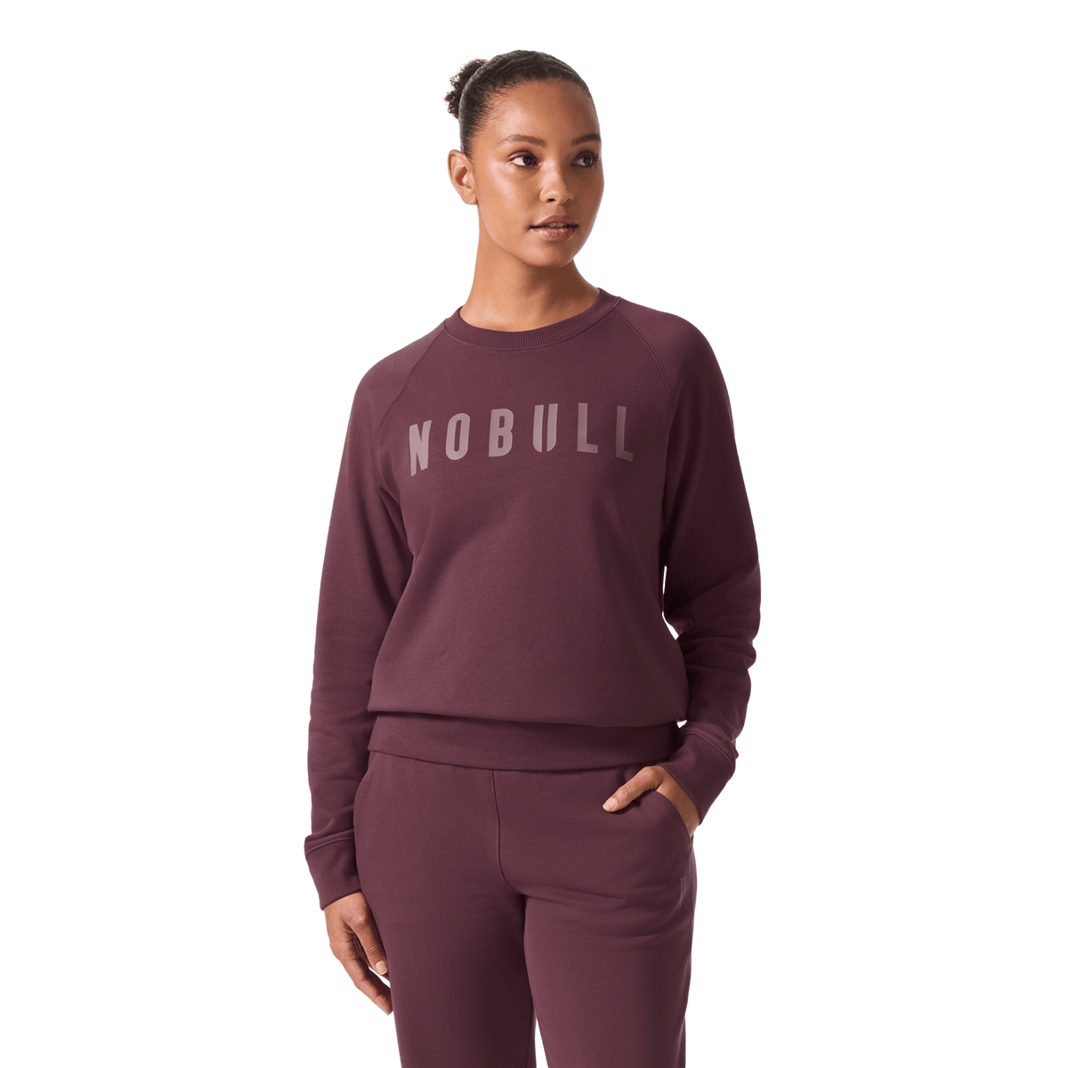 Women's Dark Burgundy NOBULL Crew Front Waist Up Angle.