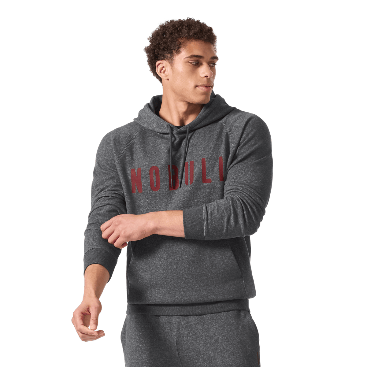 Men's Dark Gray Heather Port NOBULL Hoodie Front Waist Up Angle.