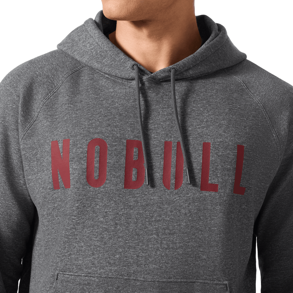 Men's Dark Gray Heather Port NOBULL Hoodie Front Detail Angle.