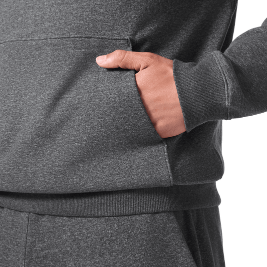 Men's Dark Gray Heather Port NOBULL Hoodie Front Pocket Angle.