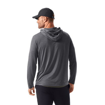 Men's Charcoal Heather Adapt Hoodie Back Waist Up Angle.