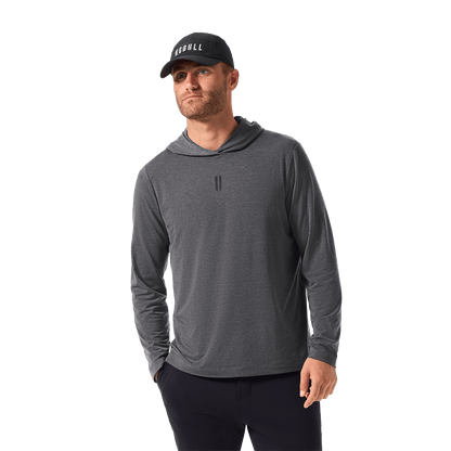 Men's Charcoal Heather Adapt Hoodie Front Waist Up Angle.