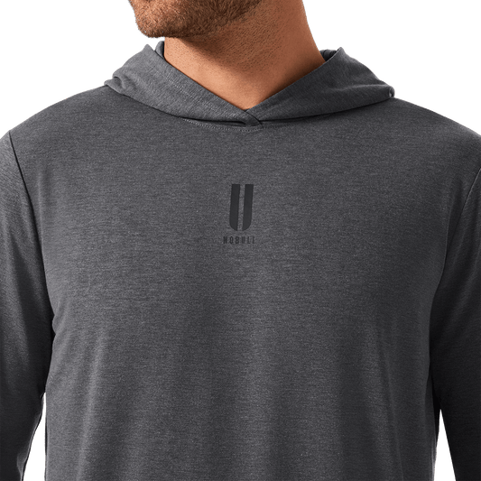 Men's Charcoal Heather Adapt Hoodie Front Detail Angle.