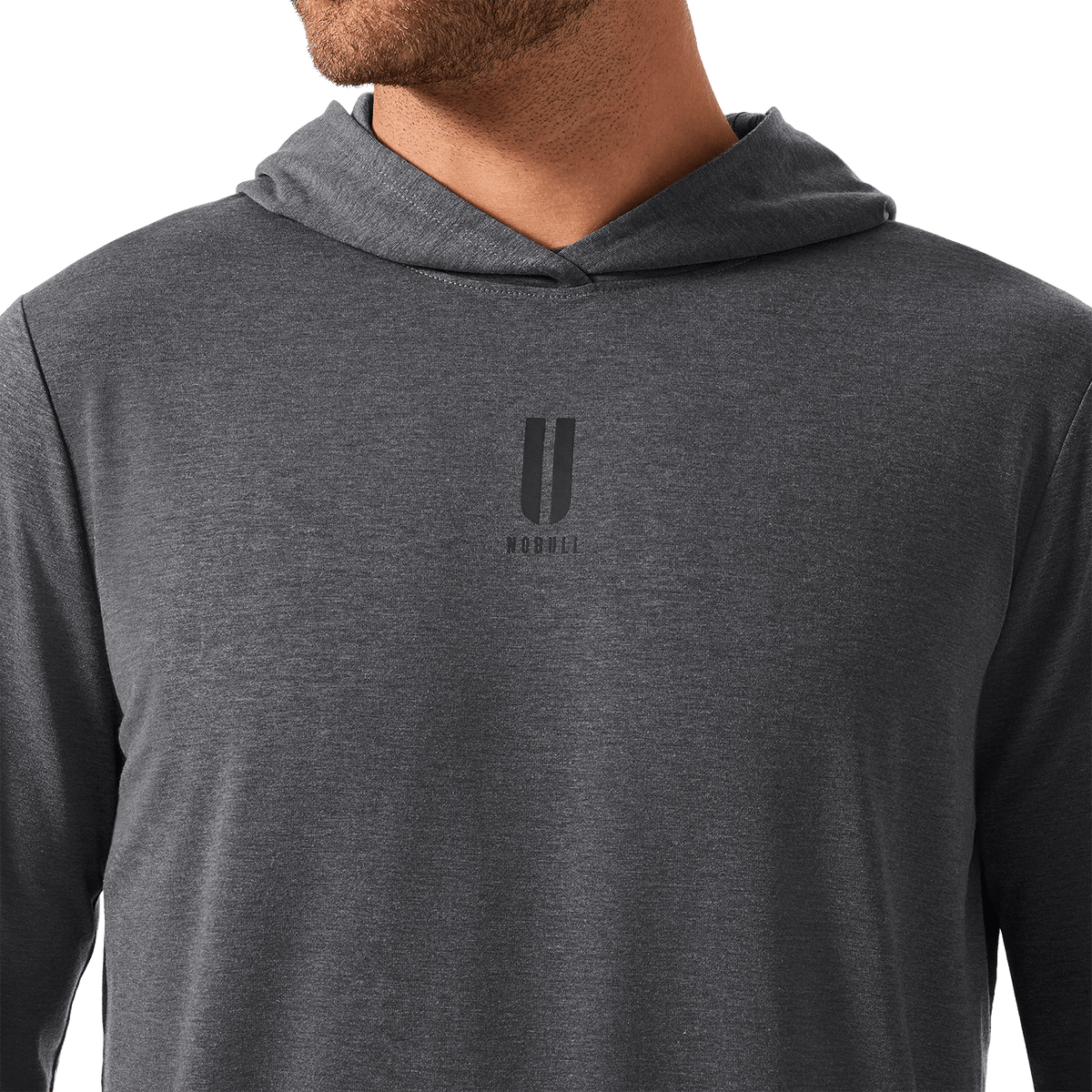 Men's Charcoal Heather Adapt Hoodie Front Detail Angle.