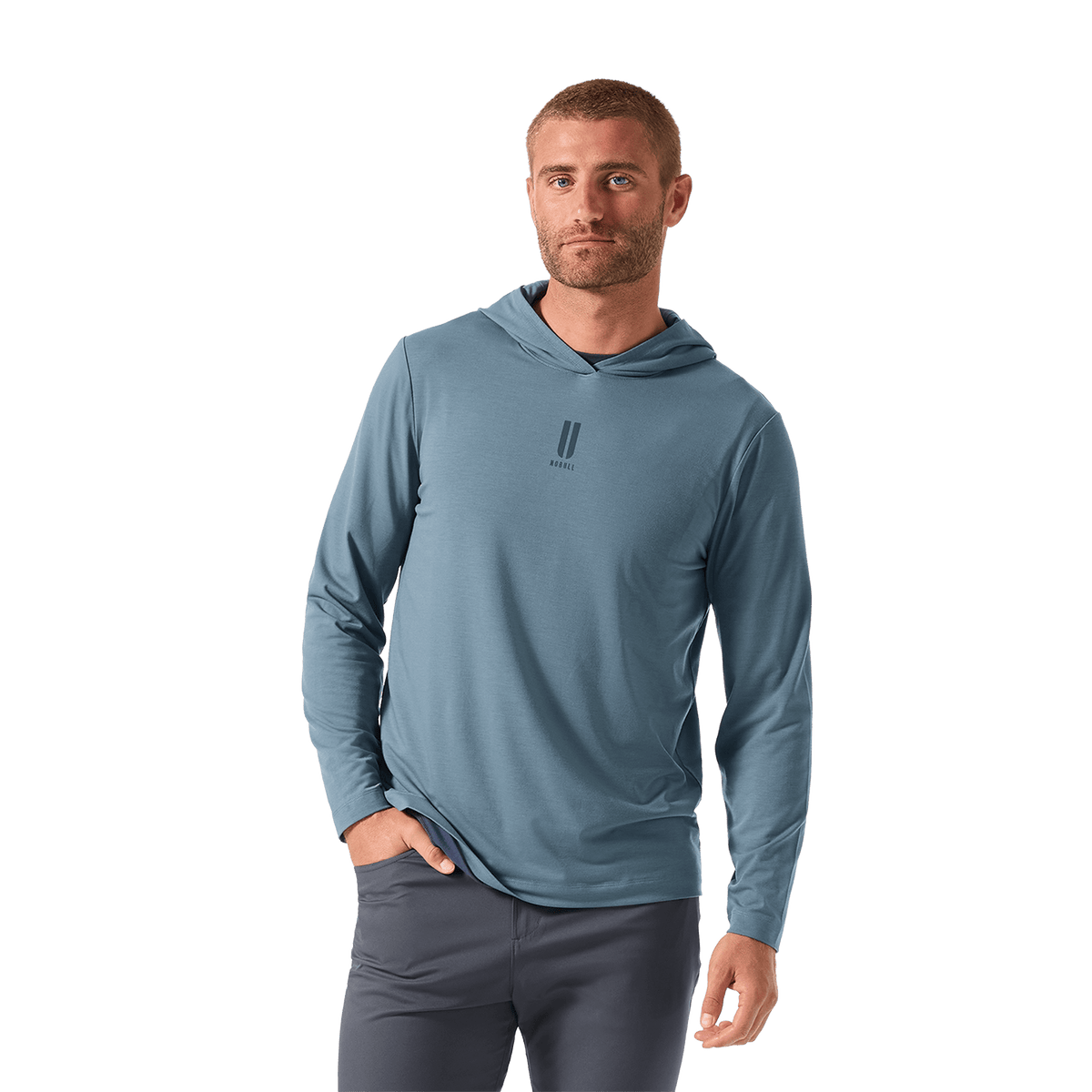Men's Storm Cloud Adapt Hoodie Front Waist Up Angle.