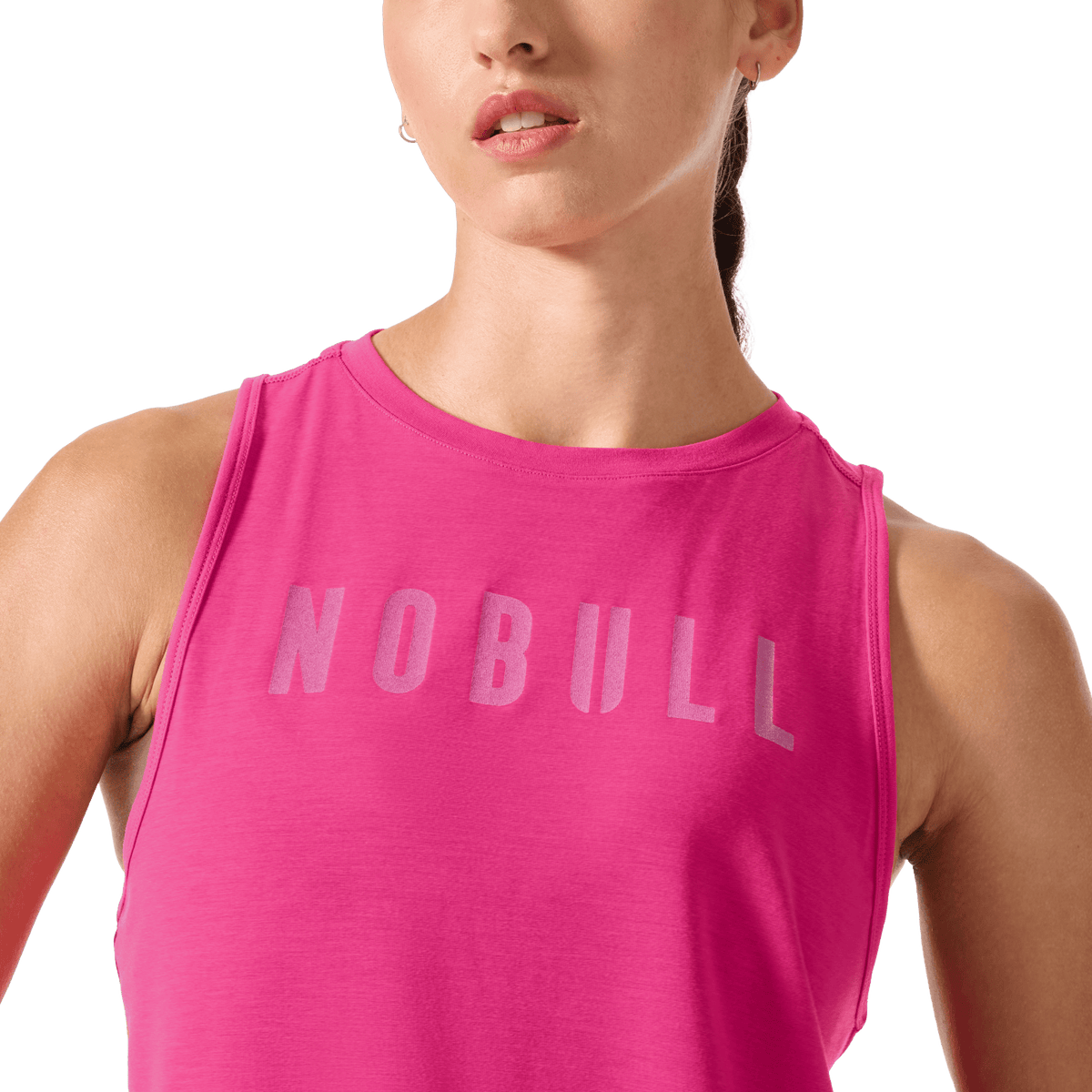 Women's Signal Pink NOBULL Muscle Tank Front Detail Angle.