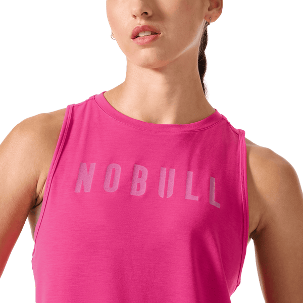 Women's Signal Pink NOBULL Muscle Tank Front Detail Angle.