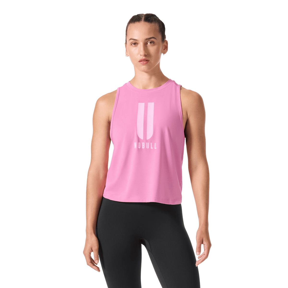 Women's Soft Pink U NOBULL Muscle Tank Front Waist Up Angle.