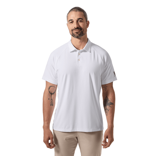Men's White NOBULL All Fore It Polo Front Waist Up Angle.