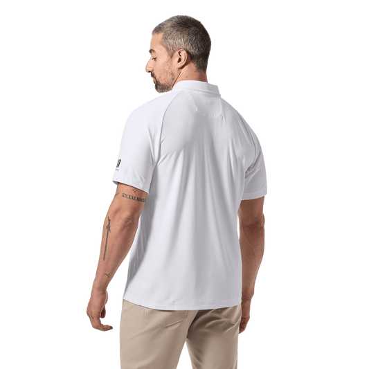 Men's White NOBULL All Fore It Polo Back Waist Up Angle.