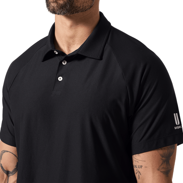 Men's Black NOBULL All Fore It Polo Shirt Front Detail Angle.