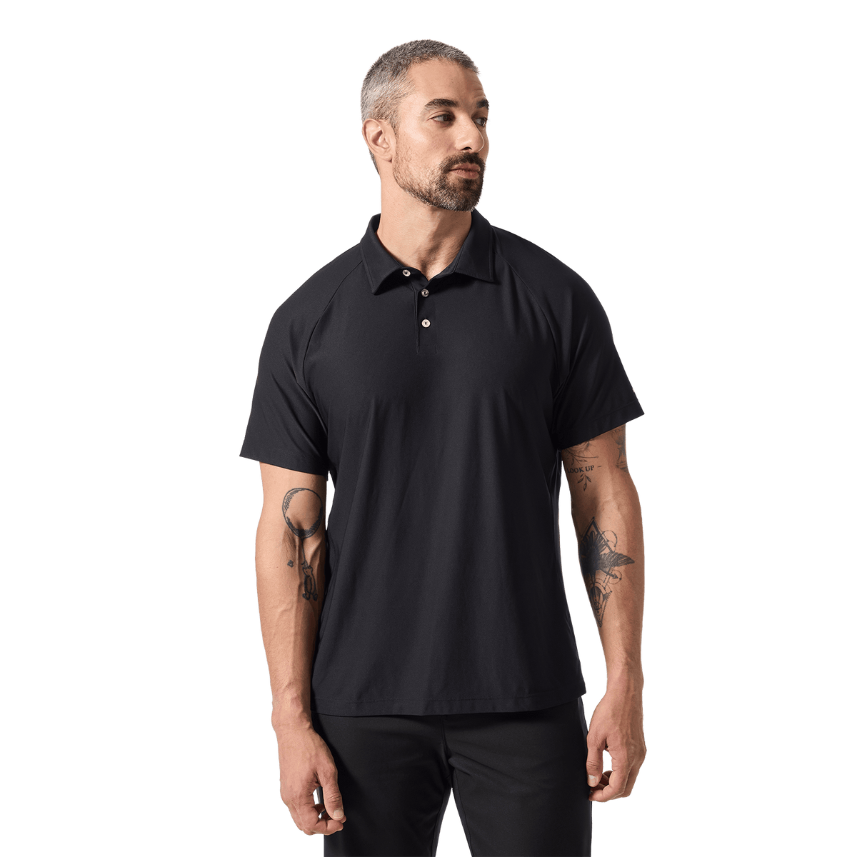 Men's Black NOBULL All Fore It Polo Shirt Front Waist Up Angle.