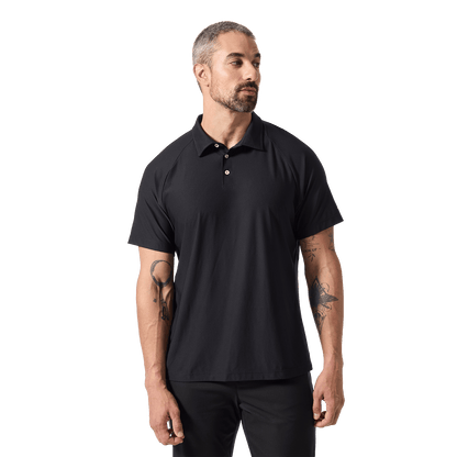 Men's Black NOBULL All Fore It Polo Shirt Front Waist Up Angle.