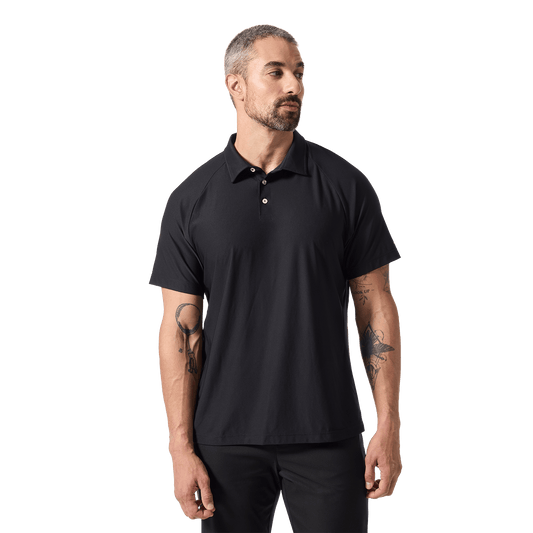 Men's Black NOBULL All Fore It Polo Shirt Front Waist Up Angle.