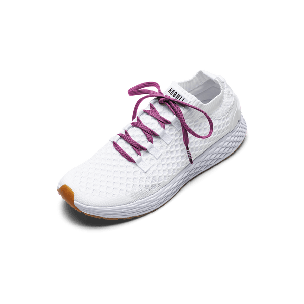 White Allday Knit Shoe with Vivid Fuchsia Shoelaces.