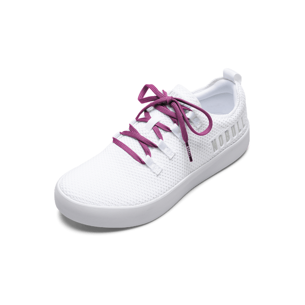 White Recs Knit Shoe with Vivid Fuchsia Shoelaces.