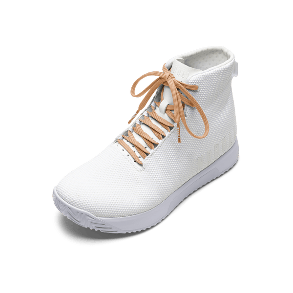 White Outwork Edge High-Top with Peach Shoelaces.