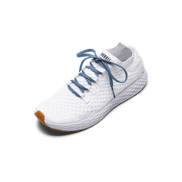 White Allday Knit Shoes with Light Blue Laces.