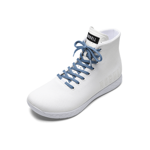 White Outwork high-top shoe with light blue laces on a white background.