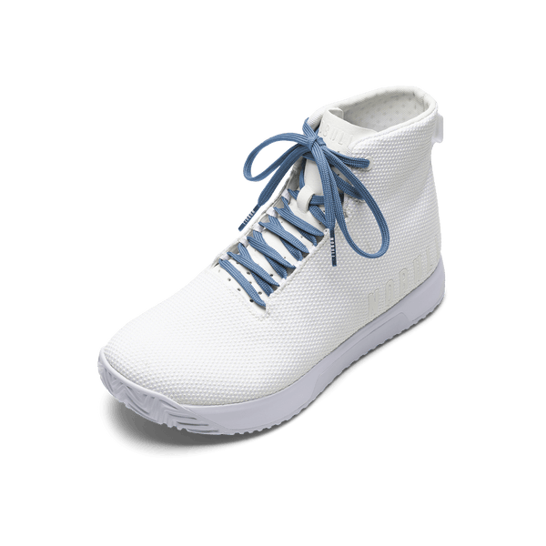 White Outwork shoe with light blue shoe laces.